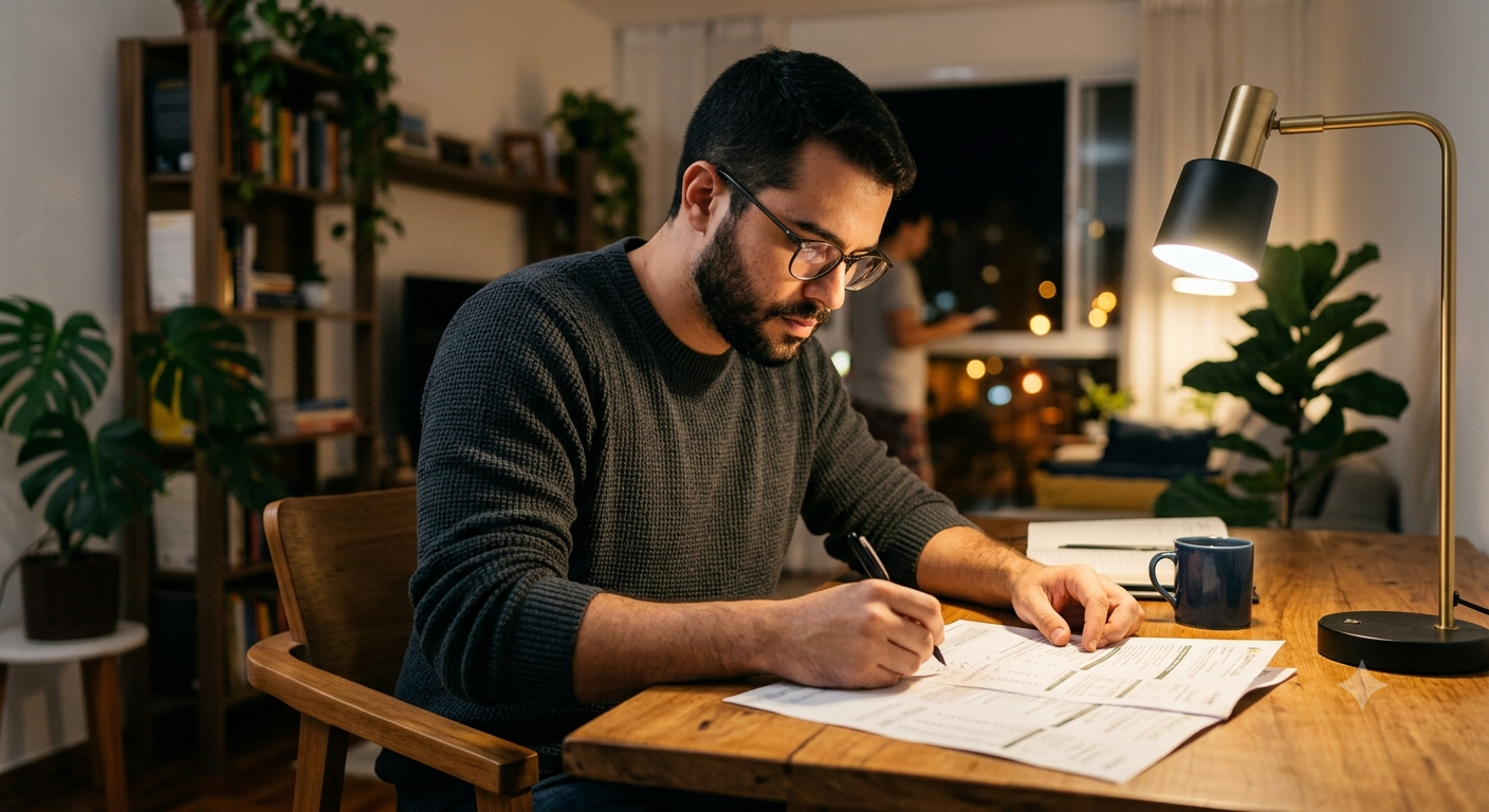 Pessoa analisando a conta de luz com uma lâmpada LED ao lado