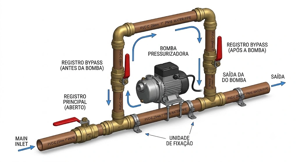 Esquema hidráulico de Bypass com registros para o pressurizador