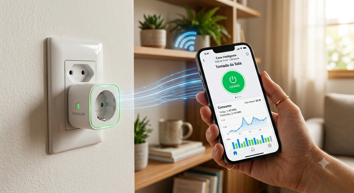 Tomada inteligente plugada na parede conectada a um smartphone