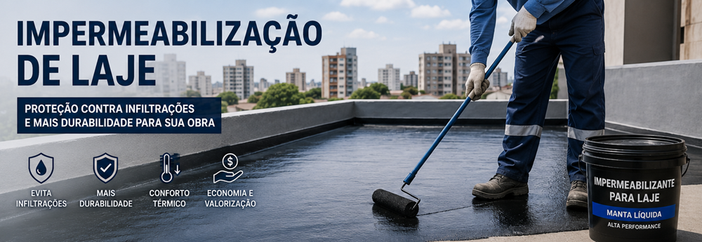 Aplicação de impermeabilizante em laje de concreto para evitar infiltrações, goteiras e umidade em cobertura residencial