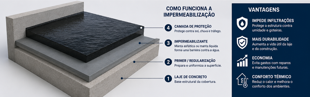Sistema de impermeabilização de laje com manta asfáltica mostrando as camadas de proteção contra infiltrações
