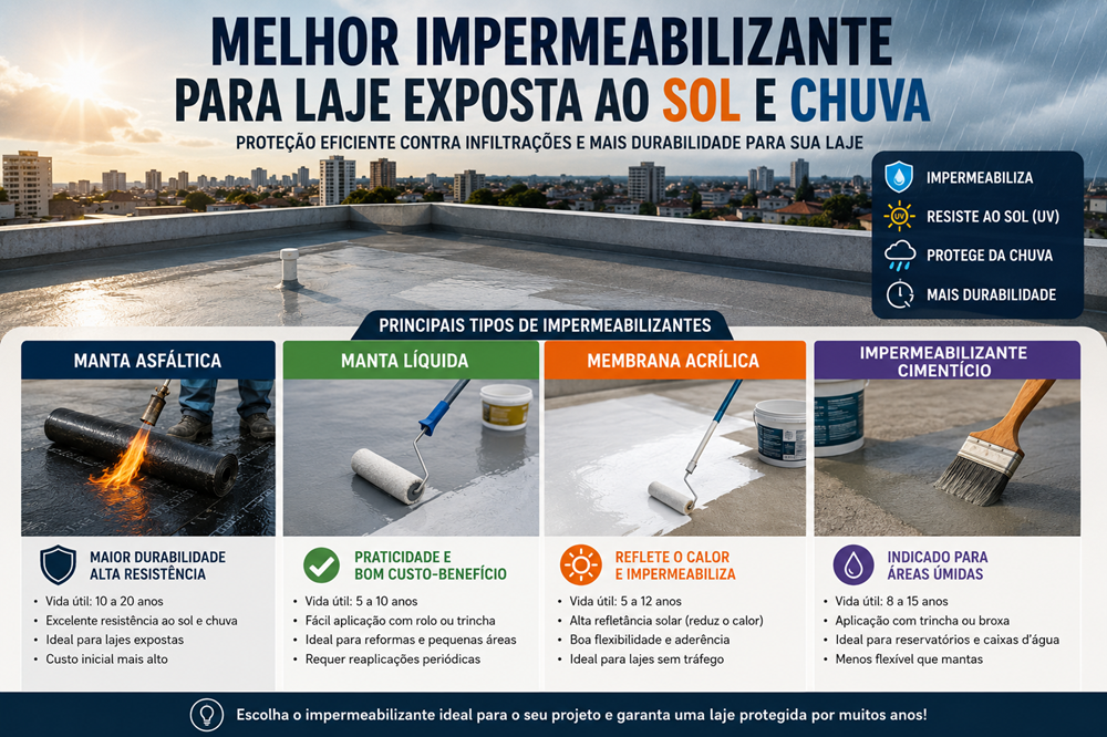Aplicação de impermeabilizante em laje exposta ao sol e chuva para evitar infiltrações e aumentar a durabilidade da cobertura