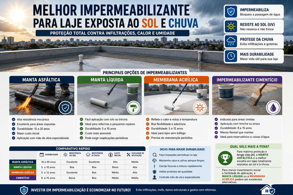 Aplicação de impermeabilizante em laje exposta ao sol e chuva para evitar infiltrações e aumentar a durabilidade da cobertura
