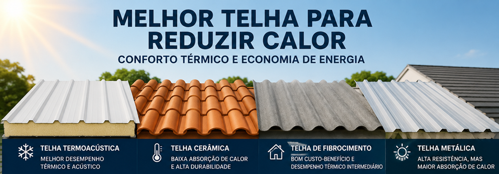 Comparação entre diferentes tipos de telhas para reduzir calor em residências, incluindo telha sanduíche, metálica e fibrocimento