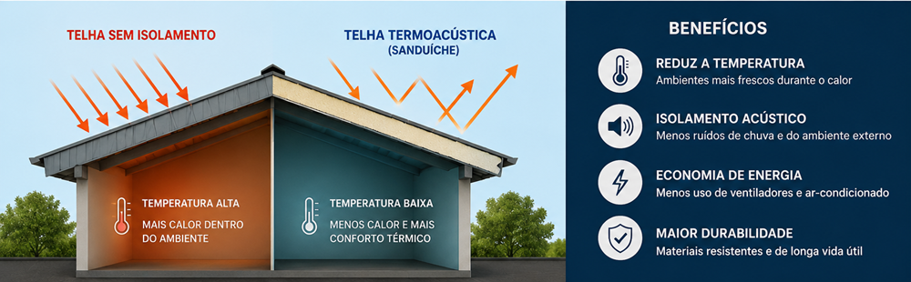 Telhado com telha termoacústica sanduíche proporcionando isolamento térmico e redução da temperatura interna