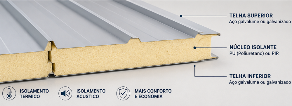 Telha termoacústica tipo sanduíche instalada em cobertura residencial com isolamento térmico e acústico